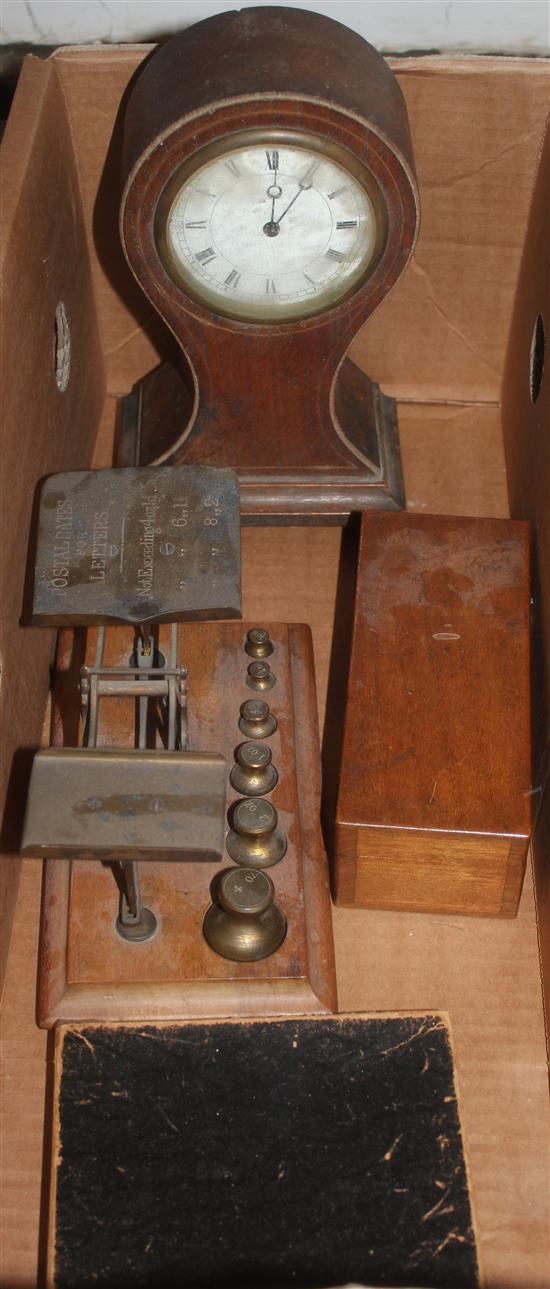 Postal scales, microscope, balloon clock etc